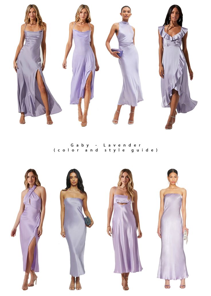 the different styles of dresses worn by women in lavender hues, from one shoulder to the other