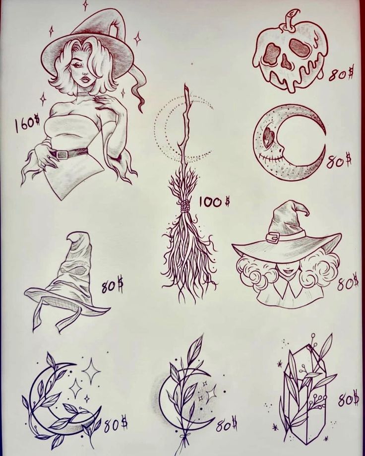 an old school tattoo flash sheet with various tattoos on it, including witches and pumpkins