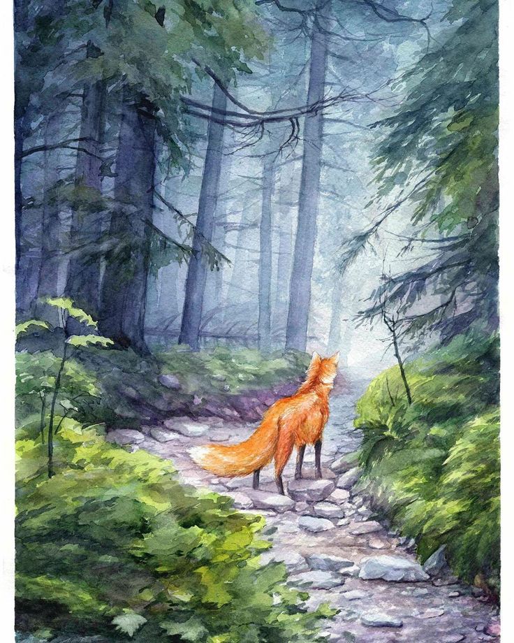 a painting of a fox in the woods