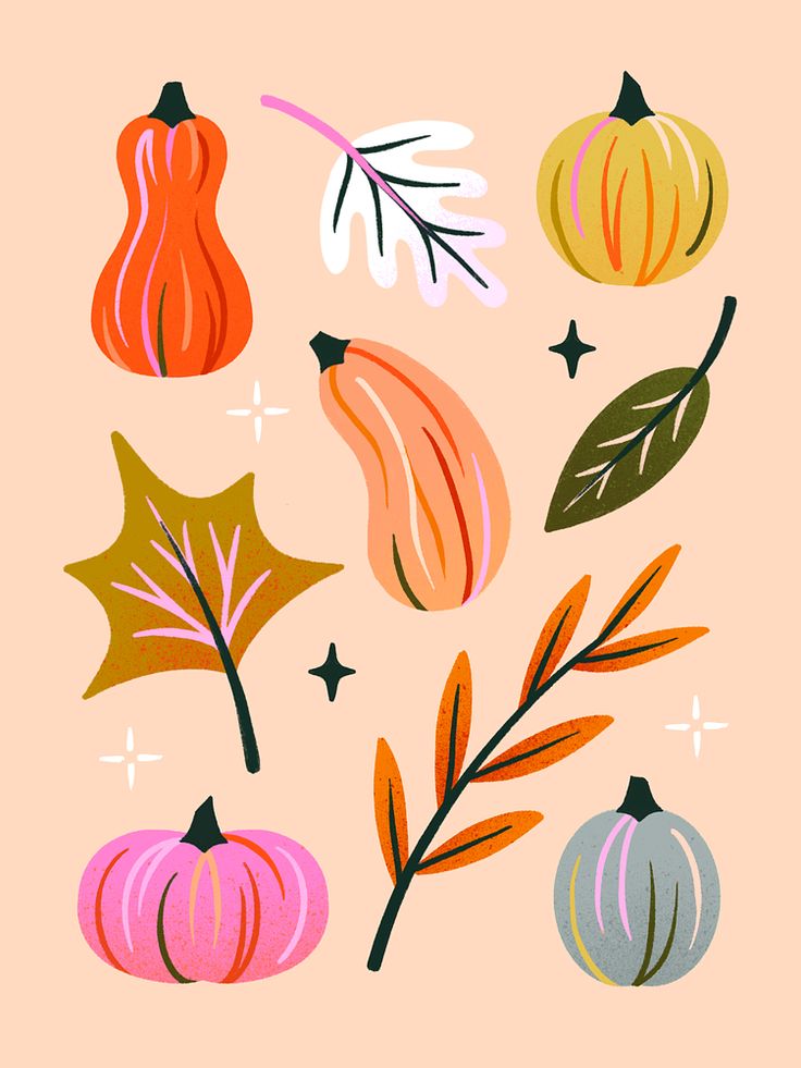 an illustration of pumpkins and leaves on a pink background