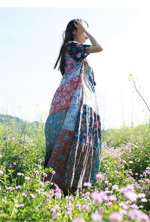 Multicolor Patchwork Hippie Dress | Buddhatrends Red Patchwork Maxi Dress For Spring, Spring Red Patchwork Maxi Dress, Multicolor Patchwork Maxi Dress For Summer, Casual Multicolor Patchwork Maxi Dress, Spring Patchwork Short Sleeve Maxi Dress, Spring Patchwork Maxi Dress With Short Sleeves, Spring Short Sleeve Maxi Dress With Patchwork, Multicolor Floral Patchwork Maxi Dress For Vacation, Casual Patchwork Maxi Dress For Beach