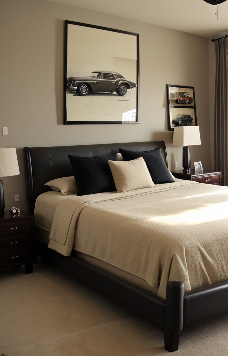 a bedroom with a bed, nightstands and pictures on the wall