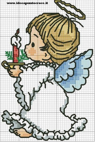 a cross stitch pattern with an angel holding a candle and christmas tree in its hand