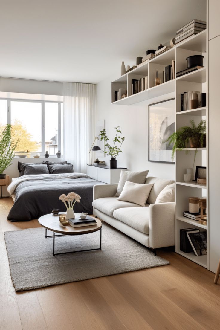 a living room filled with lots of furniture and bookshelves next to a window