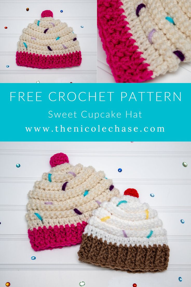 crocheted cupcake hat with sprinkles on it and the words free crochet pattern