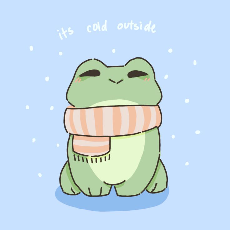 a green frog with a scarf around its neck and the words it's cold outside