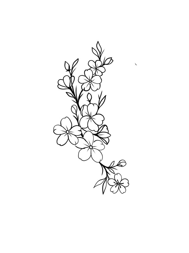 a black and white drawing of a branch with flowers