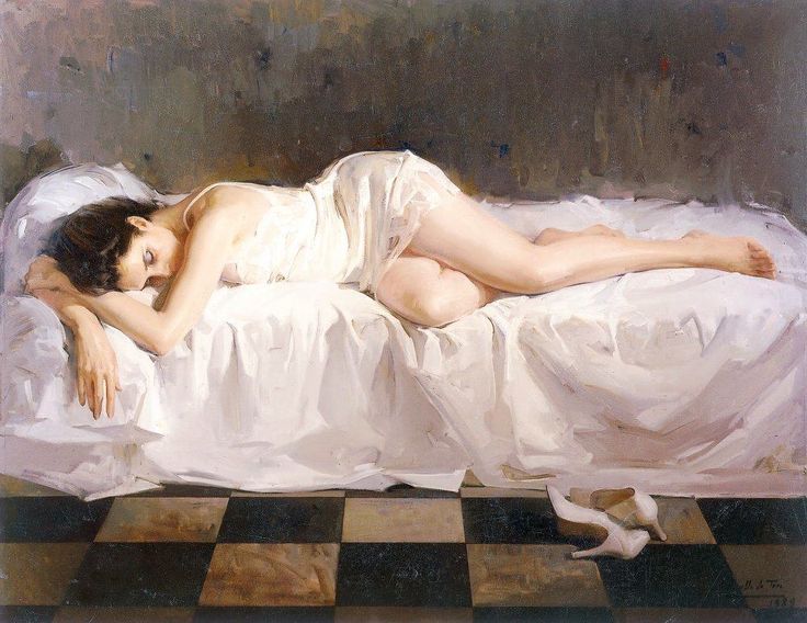 a painting of a woman laying on a bed