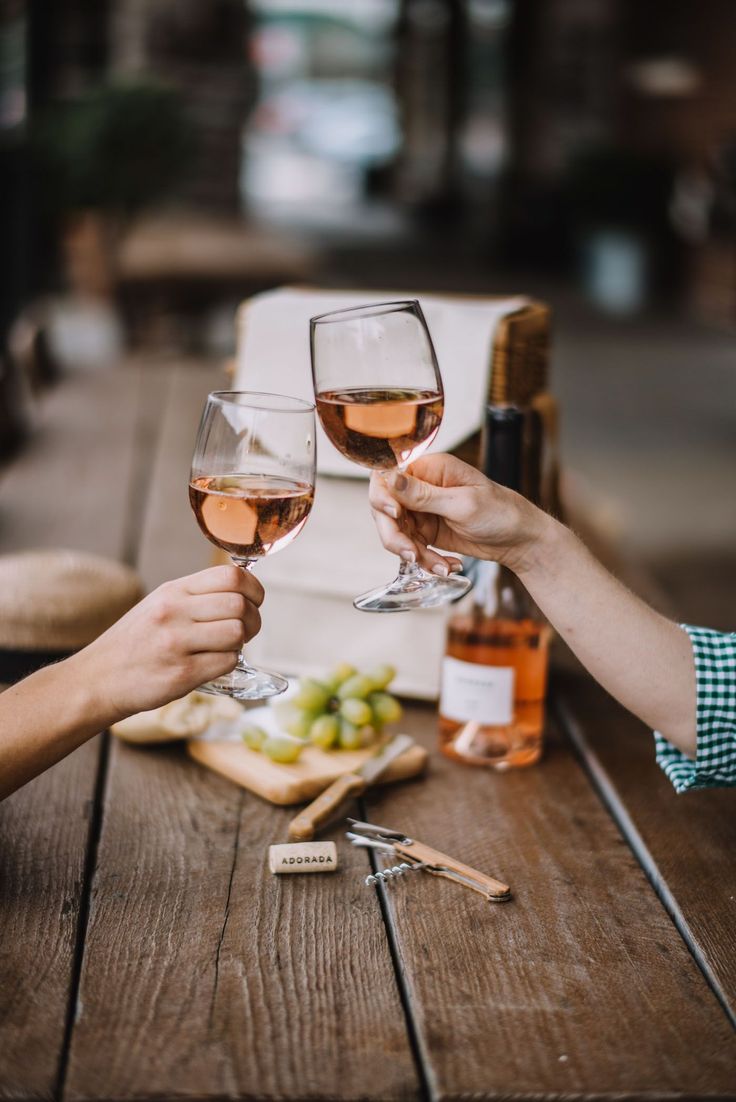 two people toasting with wine glasses on a picnic table