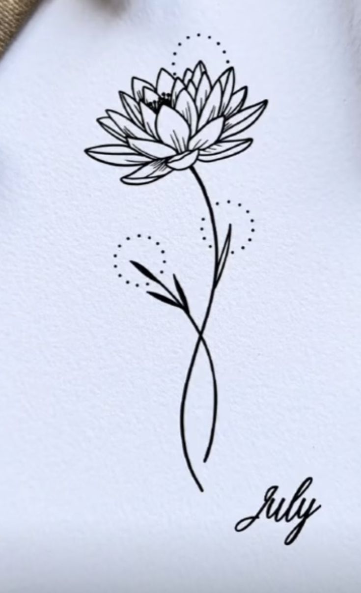 a black and white drawing of a flower with the word july on it's side