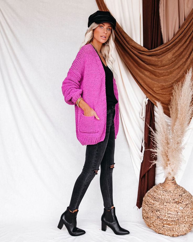 Relaxed Fit 55% Cotton and 45% Acrylic Hand Wash Cold. Dry Flat Long Sleeves Front Pockets Open Front Knit Fabrication No Closures Not Lined Throw on the brightest layer of color over any 'fit in our Zadie Pocketed Chenille Knit Cardigan! This bright fuchsia chenille knit cardi has an open front and ribbed edges in a soft fabric. Finished with front pockets. Styled with the Nolita Faux Leather Cap. Mica Chain Choker Necklace. Chloe Mini Necklace. Perfect Hoop Earrings. Cling Twisted Bangle Brace Knit Cardi, Twisted Bangle, Mini Necklace, Leather Cap, Chain Choker Necklace, Maxi Dresses Casual, Chain Choker, Leather Booties, Racerback Tank