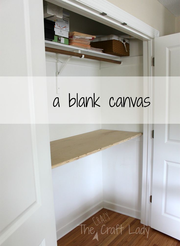 a white closet with the words, a blank canvas on it's door and shelves