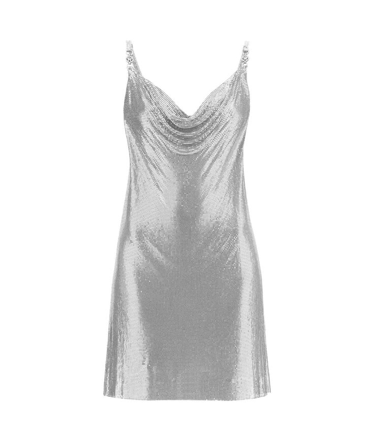 Versace Silver Metal Dress | italist Elegant Summer Dress With Sheen, Elegant Sheen Summer Dresses, Metallic V-neck Evening Dress, Glamorous Evening Dress With Sheen, Chic Metallic Slip Dress, Metallic Slip Dress For Summer Evenings, Chic Metallic Slip Dress For Night Out, Chic Metallic Dress With Sheen, Summer Metallic Sequin Dress