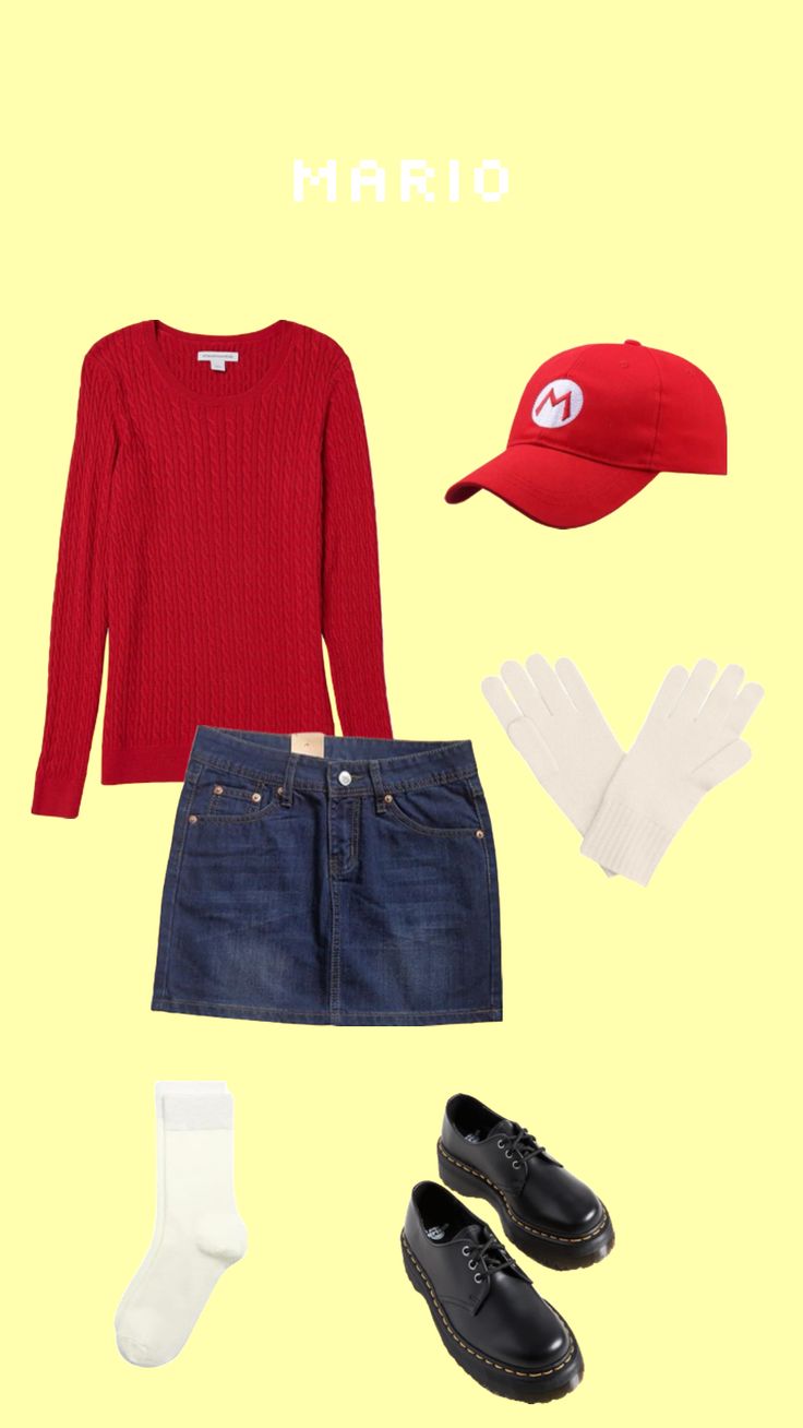 a woman's outfit including a red sweater, jeans skirt and hat