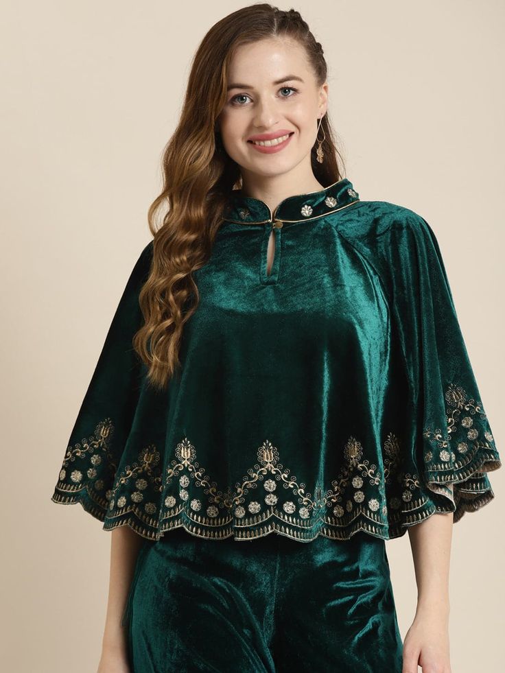 Embroidered Poncho, Velvet Kurti, Tunics For Women, Cape Top, Kurtis For Women, Cape Tops, Velvet Cape, Velvet Dress Designs, Partywear Dresses