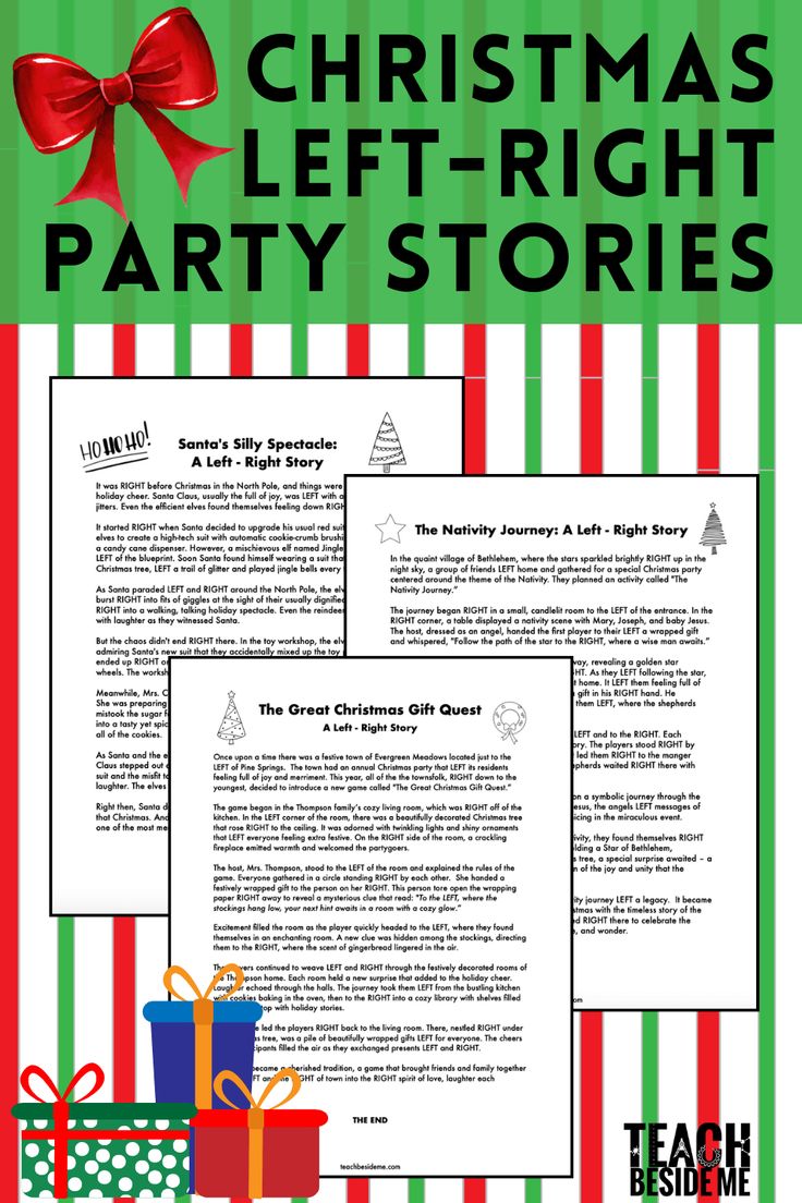 the christmas left - right party stories with presents and gifts on green striped paper background