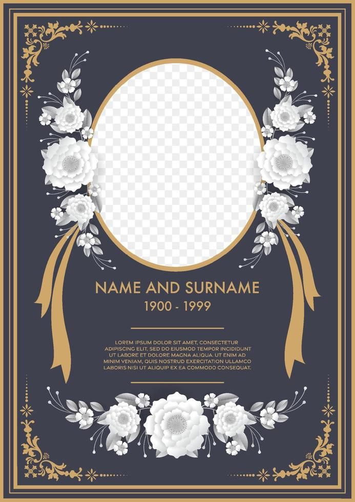 an elegant frame with flowers and gold ribbon on the edges, for a wedding or other event