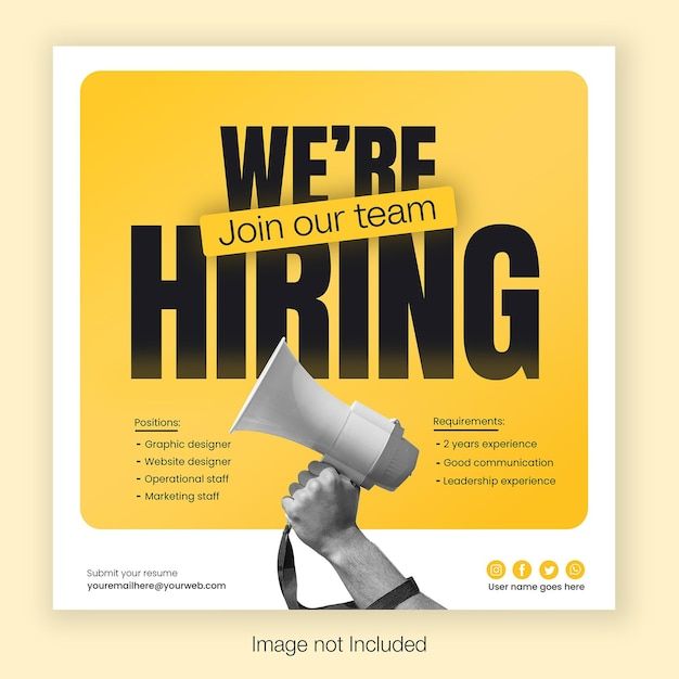 a yellow and black poster with the words we're hiring on it, in front of a hand holding a megaphone