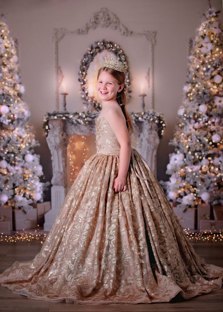 The perfect gown for Photographer's wardrobes, pageants or any special occassion where you want your little princess to stand out!  ☆Versatile sizing:  will fit a size or two either way of chosen size. ☆Gorgeous luminous champagne taffeta.  ☆sparkling high density sequin overlay.  ☆Approx 5yards round in the skirt (Size dependant). ☆Floor Length can be worn with either a narrower silhouette or over a hoop skirt for a ball gown look. ☆Short dress has ribbon edged crinoline underneath that can be adjusted for preferred fullness. ☆Lined for comfort. Handmade in Australia from quality materials. Images show gown with 6 hoop pettiskirt underneath (not included). Production time 2-4 weeks. Princess Style Fitted Ball Gown For Dress-up, Princess Style Sleeveless Pageant Dress With Fitted Bodice, Sleeveless Princess Dress With Fitted Bodice, Fitted Floor-length Princess Dress For Quinceanera, Princess Style Gold Gown For Dress-up, Princess Dress With Fitted Bodice For Quinceanera, Princess Sleeveless Ball Gown For Pageant, Princess Style Dress With Fitted Bodice For Quinceanera, Fitted Bodice Princess Dress For Quinceanera