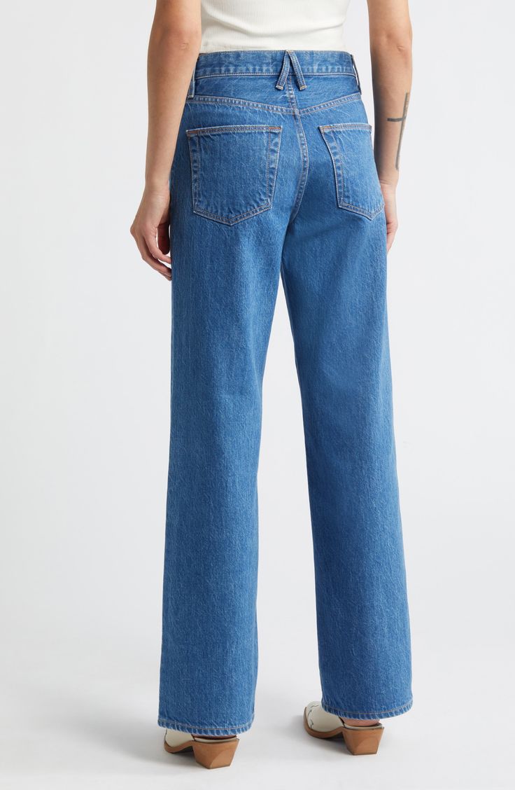 Crafted from Italian stretch denim in Los Angeles, these casual-cool jeans feature a superhigh waist and full-length wide legs for a contemporary look. 32" inseam; 21" leg opening; 12" front rise; 15" back rise (size 29) Zip fly with button closure Five-pocket style 100% cotton Machine wash, tumble dry Made in the USA of imported fabric Modern Mid-rise Blue Flare Jeans, Modern Blue Mid-rise Flare Jeans, Modern Medium Wash Full Length Bottoms, Modern Full-length Bottoms In Medium Wash, Modern Straight Hem Summer Jeans, Modern Full-length Medium Wash Bottoms, Modern Full Length Medium Wash Bottoms, High Rise Wide Leg Pants With Five Pockets, Modern Mid-rise Denim Blue Flare Jeans