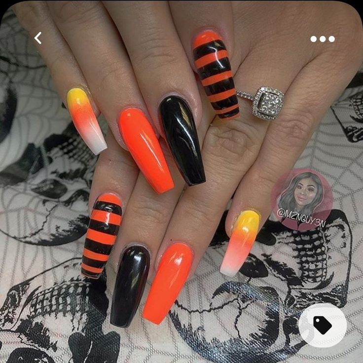 Pumpkin Stilleto Nails, Halloween Nail Ideas Acrylic, Halloween Nails Coffin Shape, Halloween Color Nails, Crazy Halloween Nails, Halloween Nails Acrylic Coffin, Neon Halloween Nails, Halloween Coffin Nails, Cool Halloween Nails