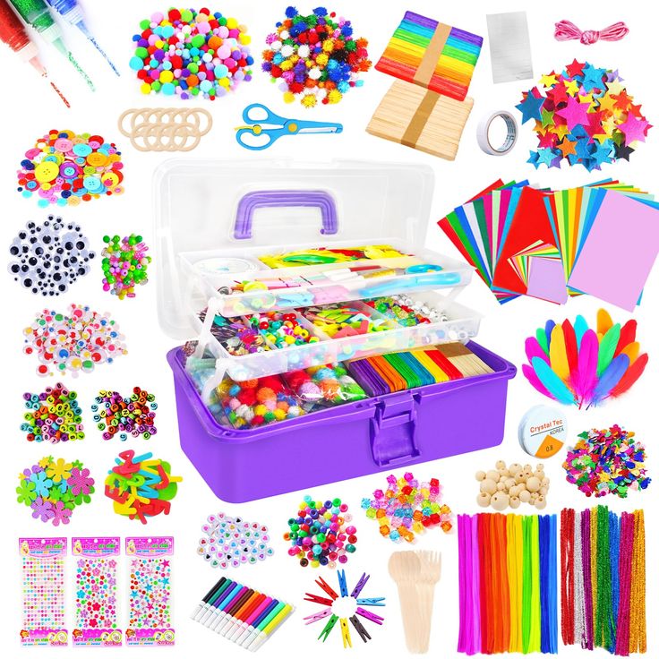 an assortment of crafting supplies in a purple case