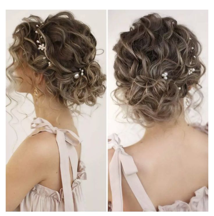 two pictures of the back of a woman's head with curly hair and flowers in her hair