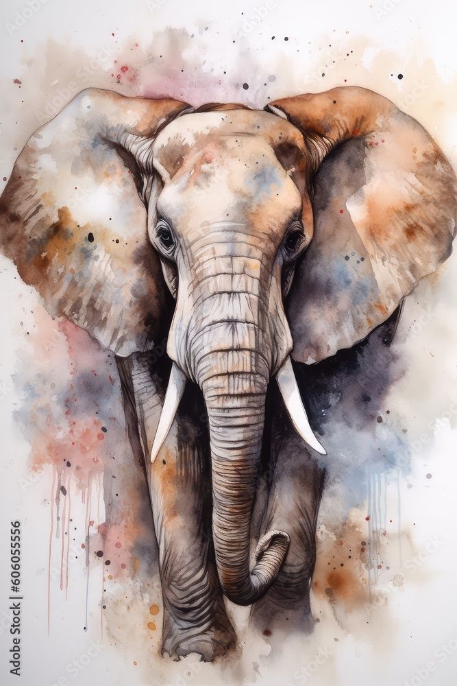 an elephant with tusks is painted in watercolor