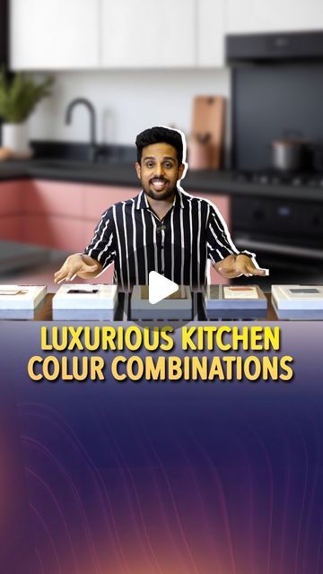 a man sitting at a kitchen counter with the words luxurious kitchen colours combinations on it