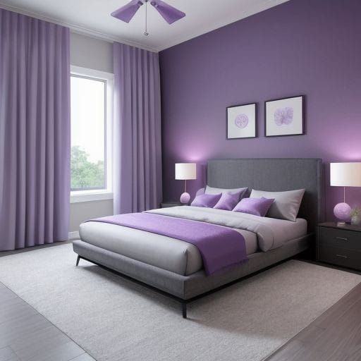 a bedroom with purple walls and white carpet