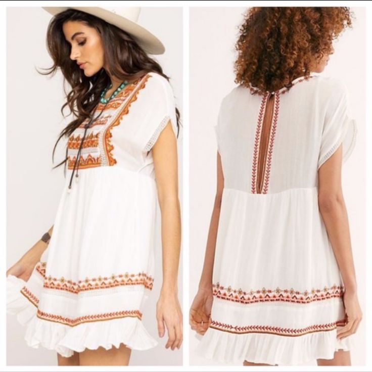 Nwt Free People Sunrise Wanderer Mini Dress Beautifully Detailed Embroidery In Rich Colors Stands Out At The Yoke And Hem Of A Breezy Boho-Chic Mini Dress Designed With A Slim Keyhole At The Back. Xs=0-2, S=4-6, M=8-10, L=12-14 -Jewel Neck - Cap Sleeves - Back Keyhole Cutout With Button-Loop Closure - Side Pockets - Embroidered Bib And Hem Detail - Lined Skirt - Approx. 33" Length (Size S) - Imported New With Tags Size M B35 Spring White Mini Dress With Embroidered Hem, Summer White Mini Dress With Floral Embroidery, White Embroidered Hem Mini Dress For Spring, White Embroidered Casual Mini Dress, White Mini Dress With Embroidered Hem For Spring, Casual White Embroidered Mini Dress, White Fitted Short Sleeve Embroidered Dress, White Floral Embroidery Summer Mini Dress, White V-neck Embroidered Dress For Summer