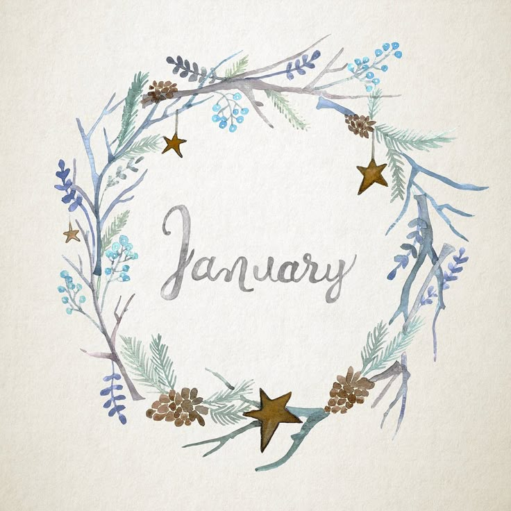 a watercolor drawing of a wreath with the word january written in it and stars