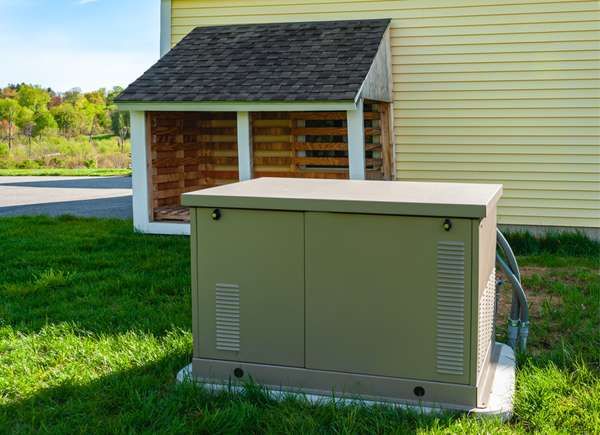 an air conditioner sitting in the grass next to a house