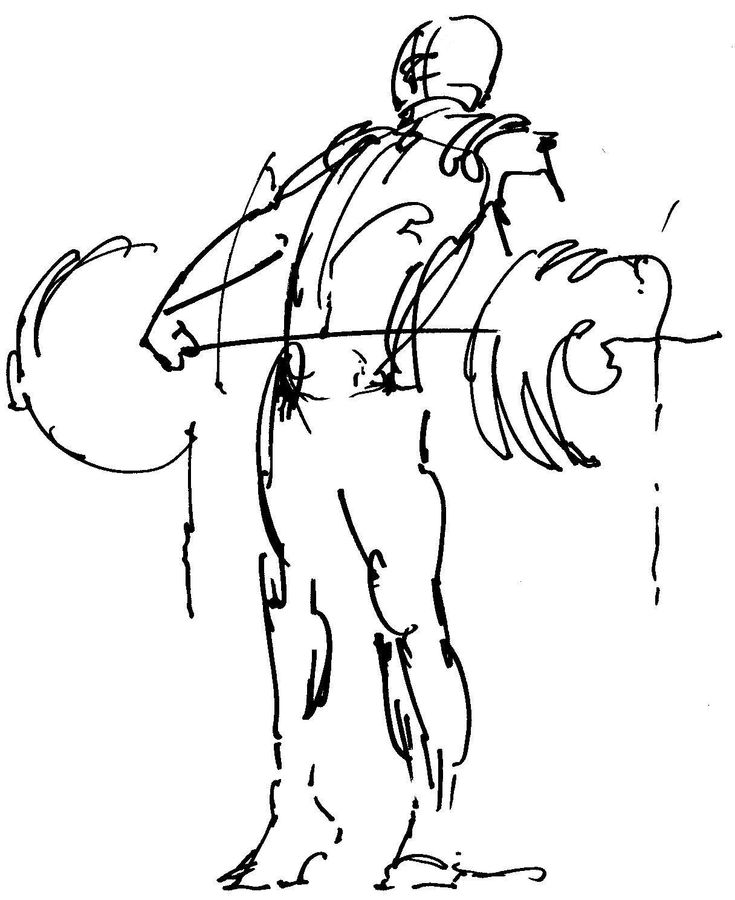 a black and white drawing of a man holding a barbell