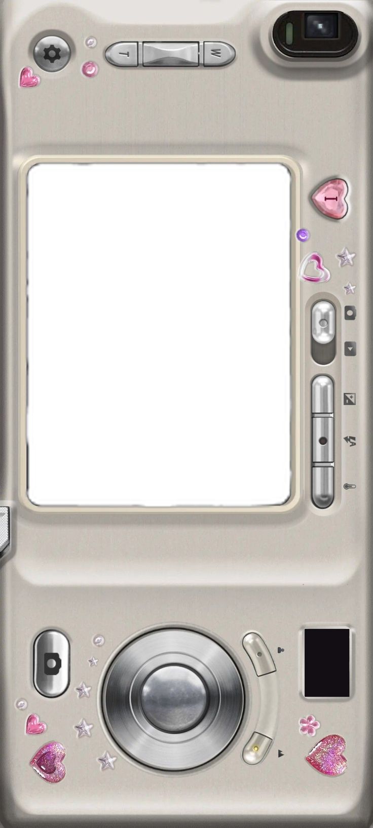 an image of a silver camera with pink hearts on it's side and a white screen