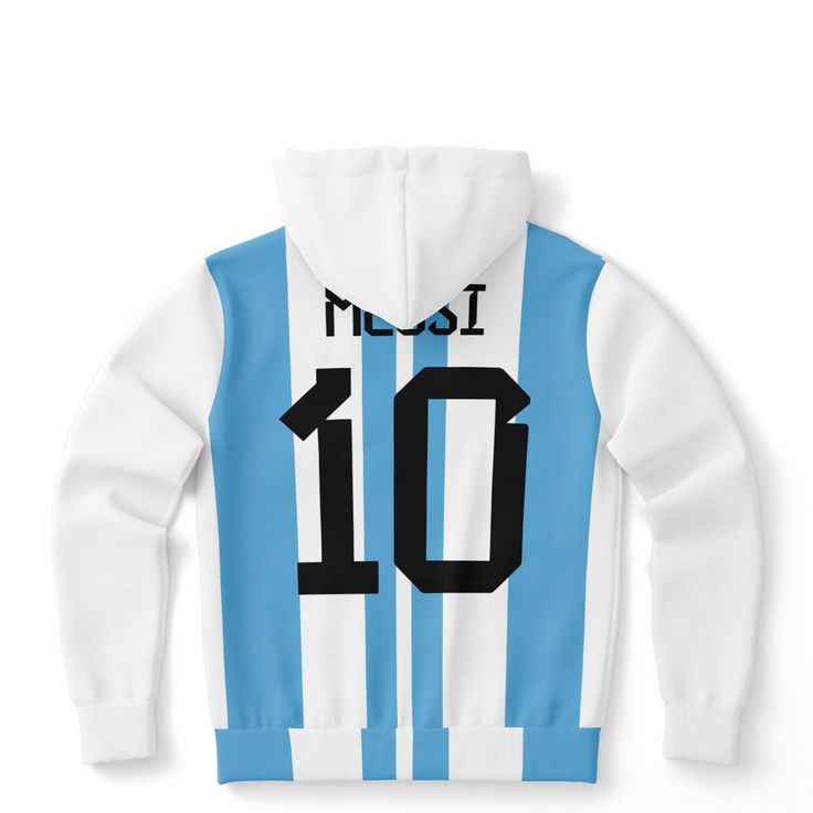 Sports fans will love this Messi Hoodie, based on the iconic Argentina Soccer Jersey N. 10. It's a stylish way to show your support for one of the greatest soccer players of all time. This fashionable hoodie offers a comfortable fit with long-lasting durability for everyday wear. • 20% cotton, 75% polyester, 5% spandex• Unisex fit• Soft cotton hand-feel fabric surface• Brushed fleece fabric on the inside• High definition printing colours• Double layer hood• Kangaroo pocket Shipping from China (a Sporty Fleece Hoodie For Fans, Sporty Hoodie For Sports Events, Three Stripes Crew Neck Hoodie For Sports, Sporty Sweatshirt With Drawstring Hood For Sports Events, White Hoodie With Team Logo For Fans, Sports Season Fan Merchandise Hoodie With Letter Print, Sporty Hoodie With Letter Print For Fans, White Hoodie For Sports In Fan Apparel Style, White Fan Apparel Hoodie For Sports Events