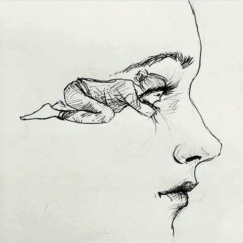 a black and white drawing of a woman's face with her hand on the nose