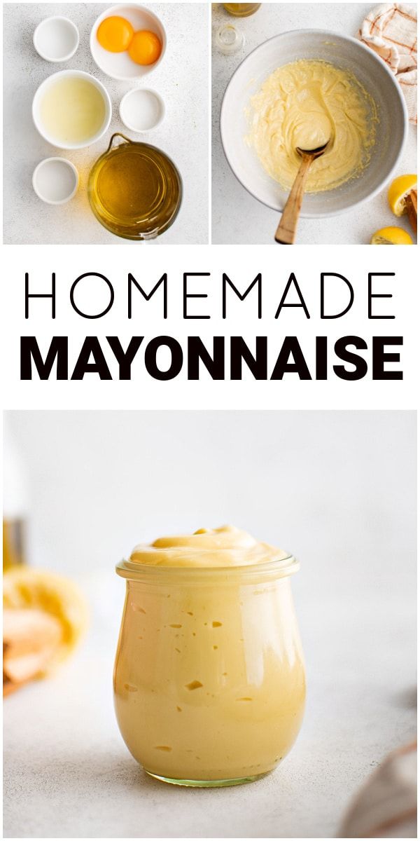 homemade mayonnaise in a glass jar with spoons and ingredients to make it