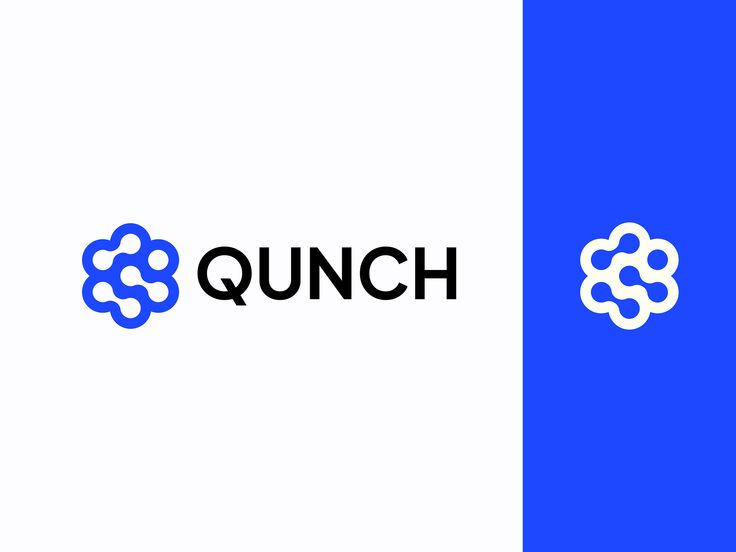 the logo for qnuch is shown in black and white, with blue accents