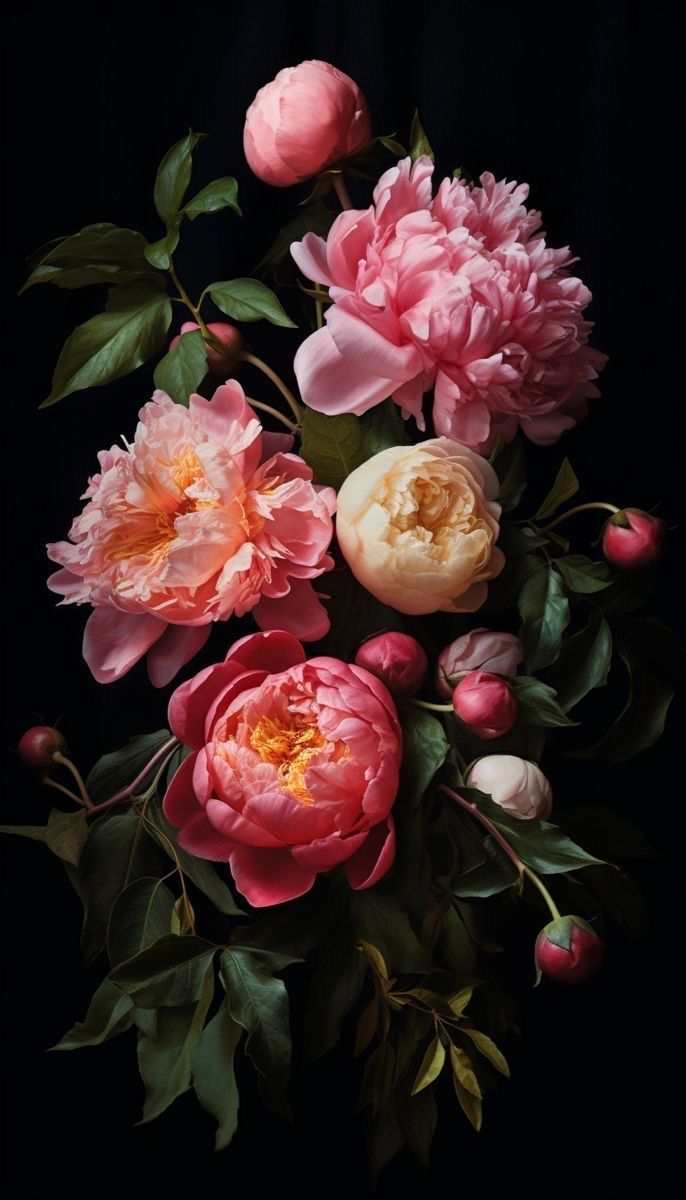 a bouquet of pink flowers on a black background