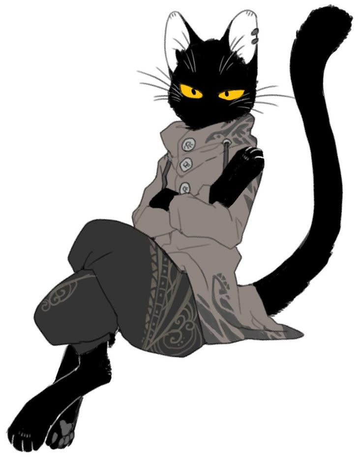 a black cat with yellow eyes sitting on the ground