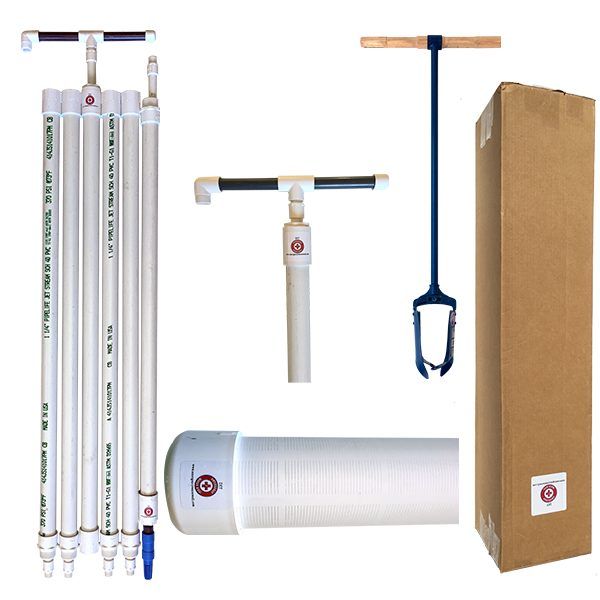 an assortment of different types of water pipes and fittings on a white background with a cardboard box