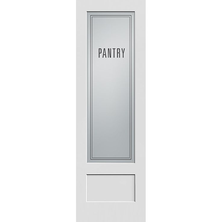 a white door with the word pantry on it's side panel and an open window