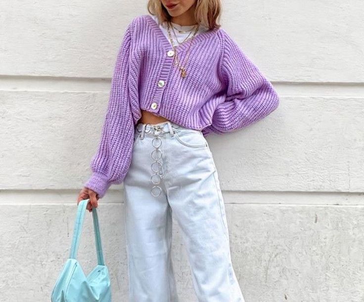 Knitted V Neck Sweater, Oversized Knitted Cardigan, Flare Sleeve Sweater, Autumn Sleeve, Sweater Tops, Crop Cardigan, Purple Outfits, Knitted Cardigan, Lantern Sleeve