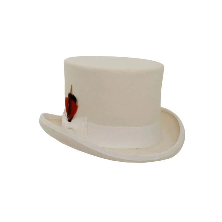 For the dapper gentleman, the Majestic Men's Top Hat is a timeless classic that lends an air of sophistication and refinement. Crafted from sumptuous wool, this top hat exudes luxury, available in black and white carriage hat band and delicate ribbon and feather accents. Its exquisite craftsmanship will make you look and feel like a true gentleman. This sweatband is sewn in but don't sweat it. It comes with Free size adjustment pads to size it down. A $10 dollar value. Cream Fedora Hat For Formal Occasions, Classic Cream Fedora For Formal Occasions, Formal Cream Fedora Hat, Elegant White Fedora For Formal Occasions, Kentucky Derby Fur Felt Top Hat With Curved Brim, Formal Wool Hat Bands For Winter, Classic Wool Hats For Derby, Classic Fitted Cream Fedora, Winter Formal Wool Hat Bands