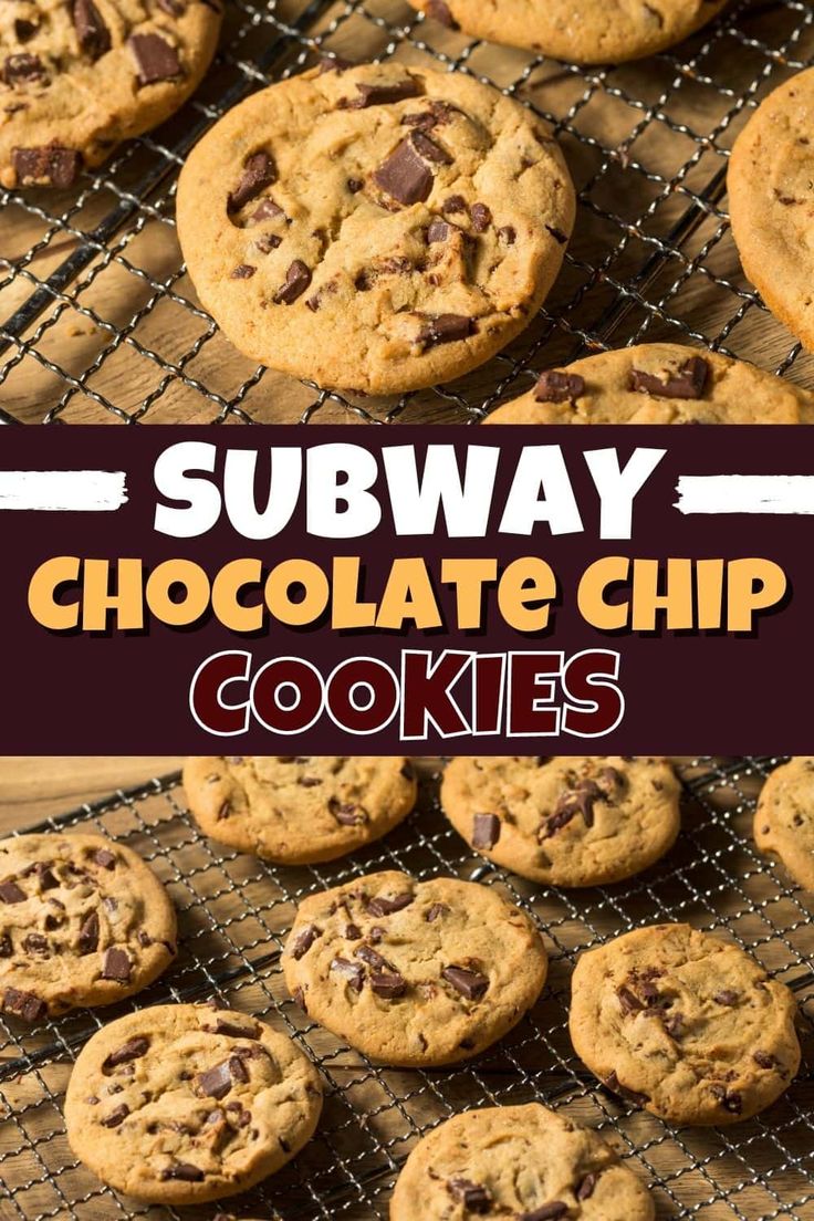 chocolate chip cookies on a cooling rack with the words subway chocolate chip cookies above them