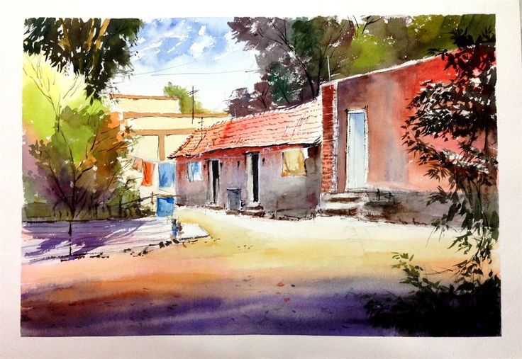 a watercolor painting of a street scene with houses and trees in the background,