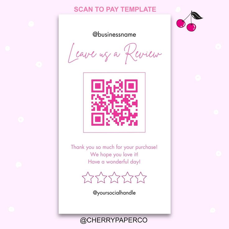 a pink and white card with a qr code on it