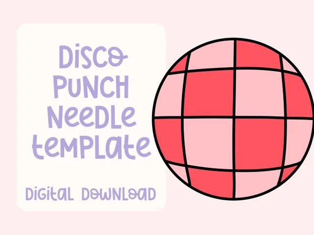 a red and pink ball with the words disco punch needle template on it's side