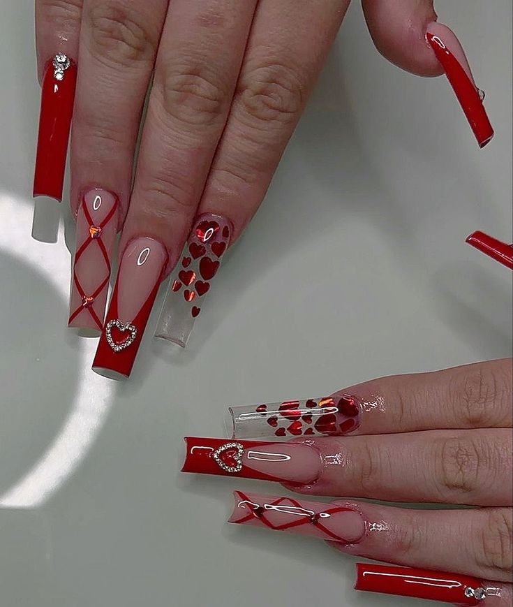 Valentines Nail, Vday Nails, Red Acrylic Nails, Nail Designs Valentines, Nails Design With Rhinestones, Cute Acrylic Nail Designs, Dope Nail Designs, Long Acrylic Nails Coffin, Unique Acrylic Nails